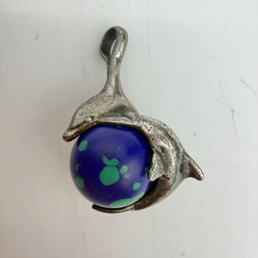 VTG Sterling Silver Southwestern Azurite Malachite Dolphin Pendant Handmade